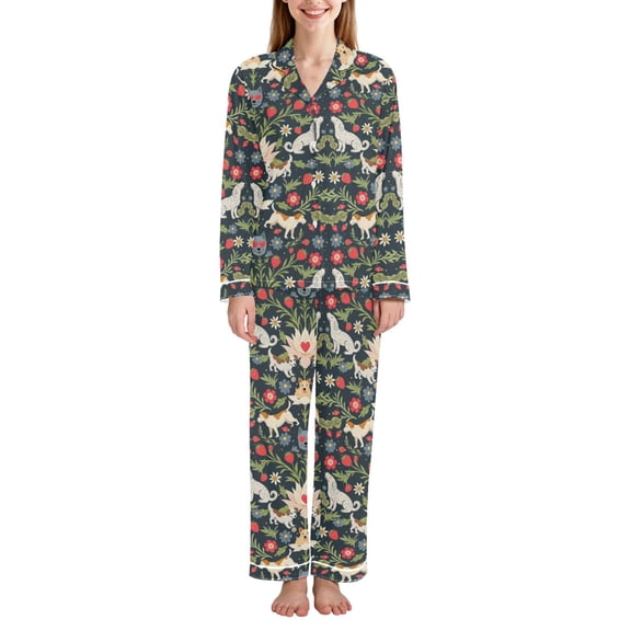 FORMRS Womens Pajama Set Long Sleeve Top and Pants with Pockets Soft Comfy Lounge Sleepwear, Sizes S-2XL, Floral Dogs Pattern