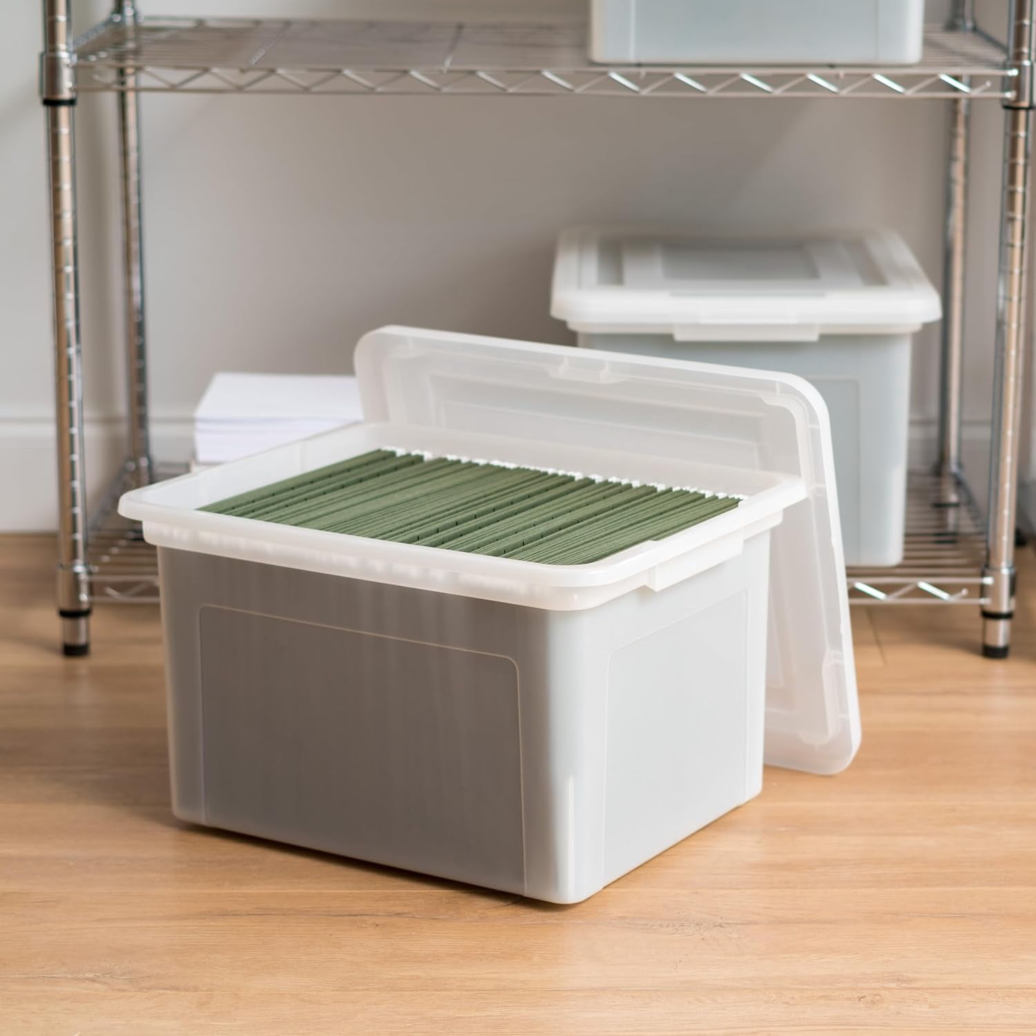 Librala File Box, Plastic File Organizer with Lids for Letter/Legal File, Portable Document Box For Moving, Storage Bin with Durable and Secure Lid, Stackable Nestable BPA-Free, Pearl 35 Qt. 4 Pack