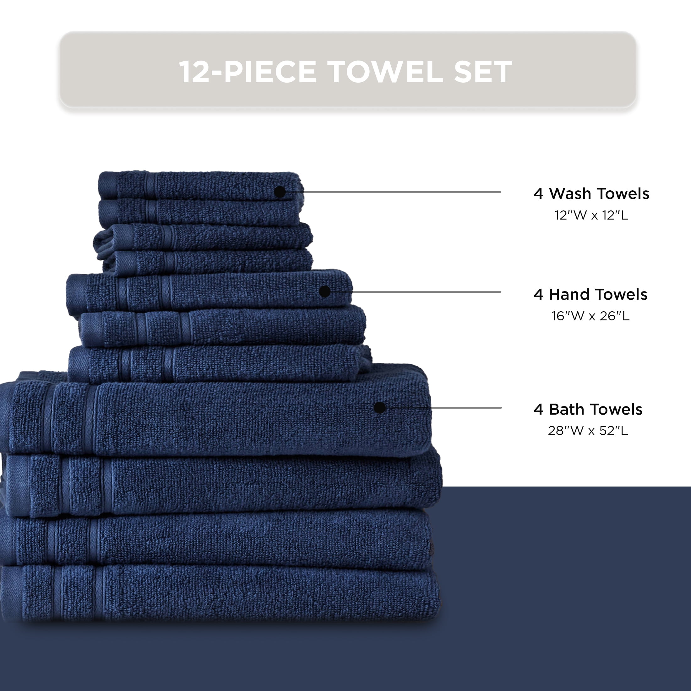Regency Heights 12-Piece Quick Dry Cotton Bath Towels, Soft & Ultra Absorbent, Indigo, Standard Towel Set