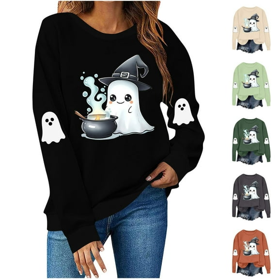 VKOYWKM Womens Halloween Sweatshirts Cute Ghost Graphic Sweatshirts Oversized Long Sleeve Crew Neck Pullover Fall Winter Halloween Sweatshirt