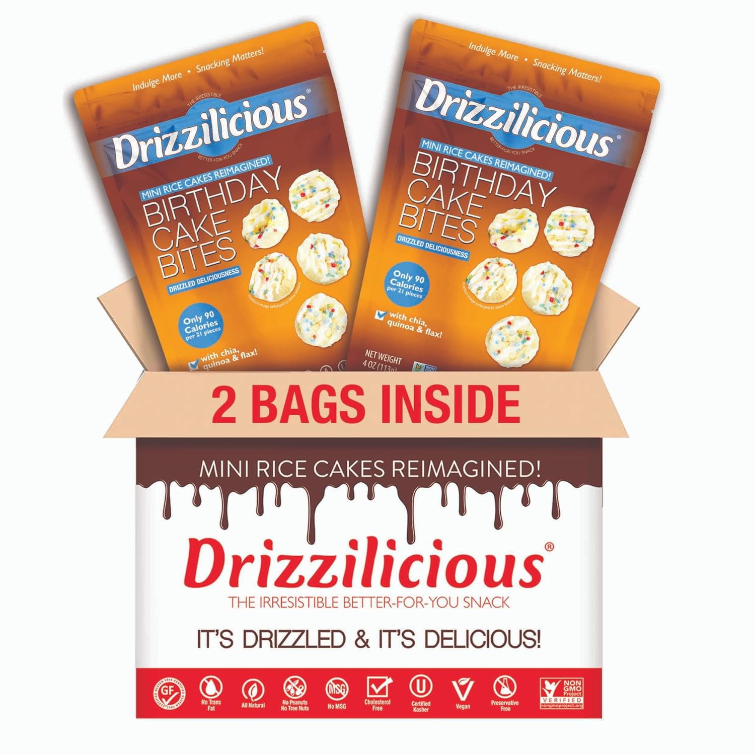 Drizzilicious Mini Rice Cakes, Birthday Cake Flavored Rice Cake Gluten Free Snacks, Rice Crisps 2-Pack