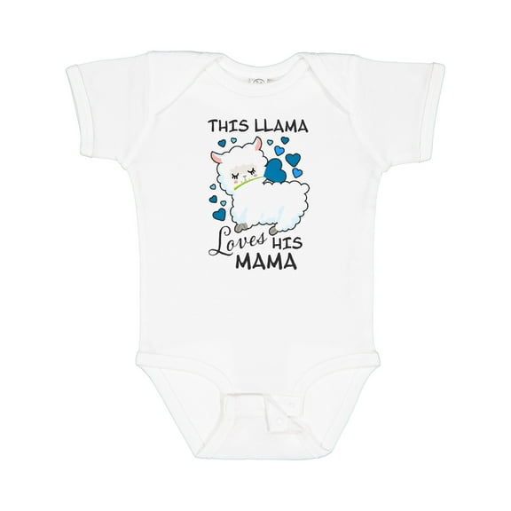 Inktastic This Llama Loves His Mama with Blue Hearts Boys Baby Bodysuit
