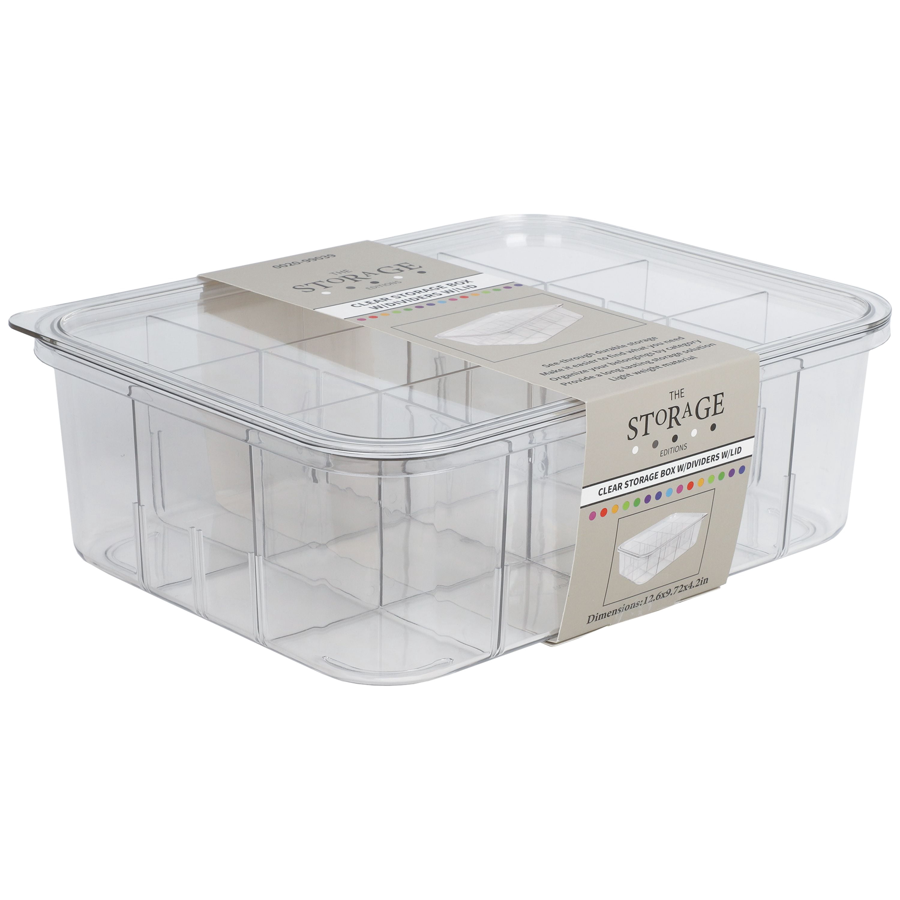 Clear Storage Box with Dividers and with Lid, Plastic, 12.59"x9.84"x4.33" The Storage Editions, Use by Adults and Teens