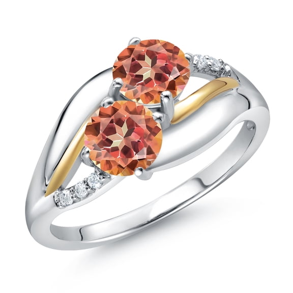Gem Stone King 925 Sterling Silver and 10k Yellow Gold Ecstasy Mystic Topaz and White Lab Grown Diamond 2 Stone Engagement Ring for Women (2.04 Cttw, Round 5MM, Gemstone, Size 9)
