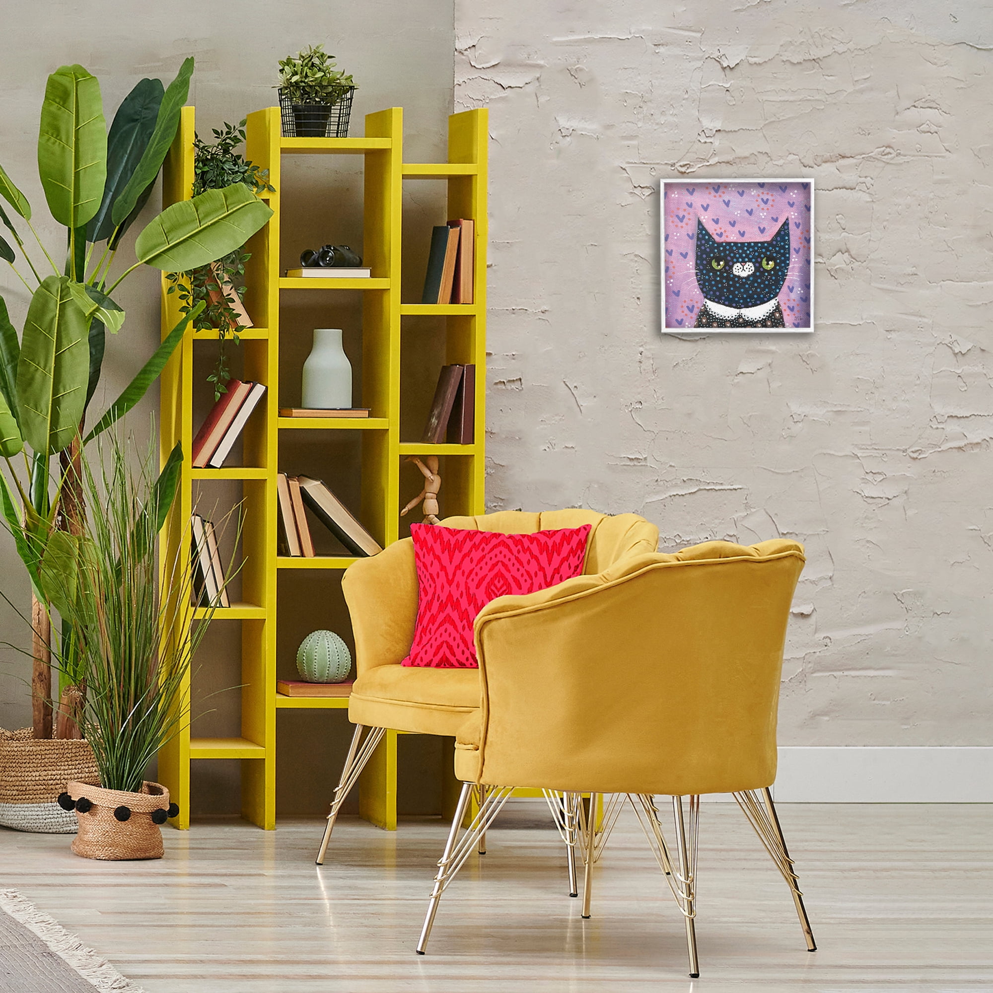 Stupell Industries Whimsical Patterned Cat Animals & Insects Painting White Framed Art Print Wall Art, 12 x 12