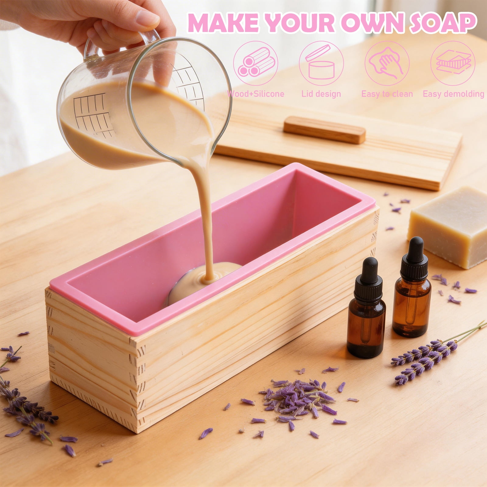 NUAHRHY 2Pcs Soap Loaf Mold, 40.58oz Rectangular Soap Mould Silicone Loaf Soap Moulds with Wooden Box Tray Soap Making Supplies Easy Release for Homemade Craft DIY Tool