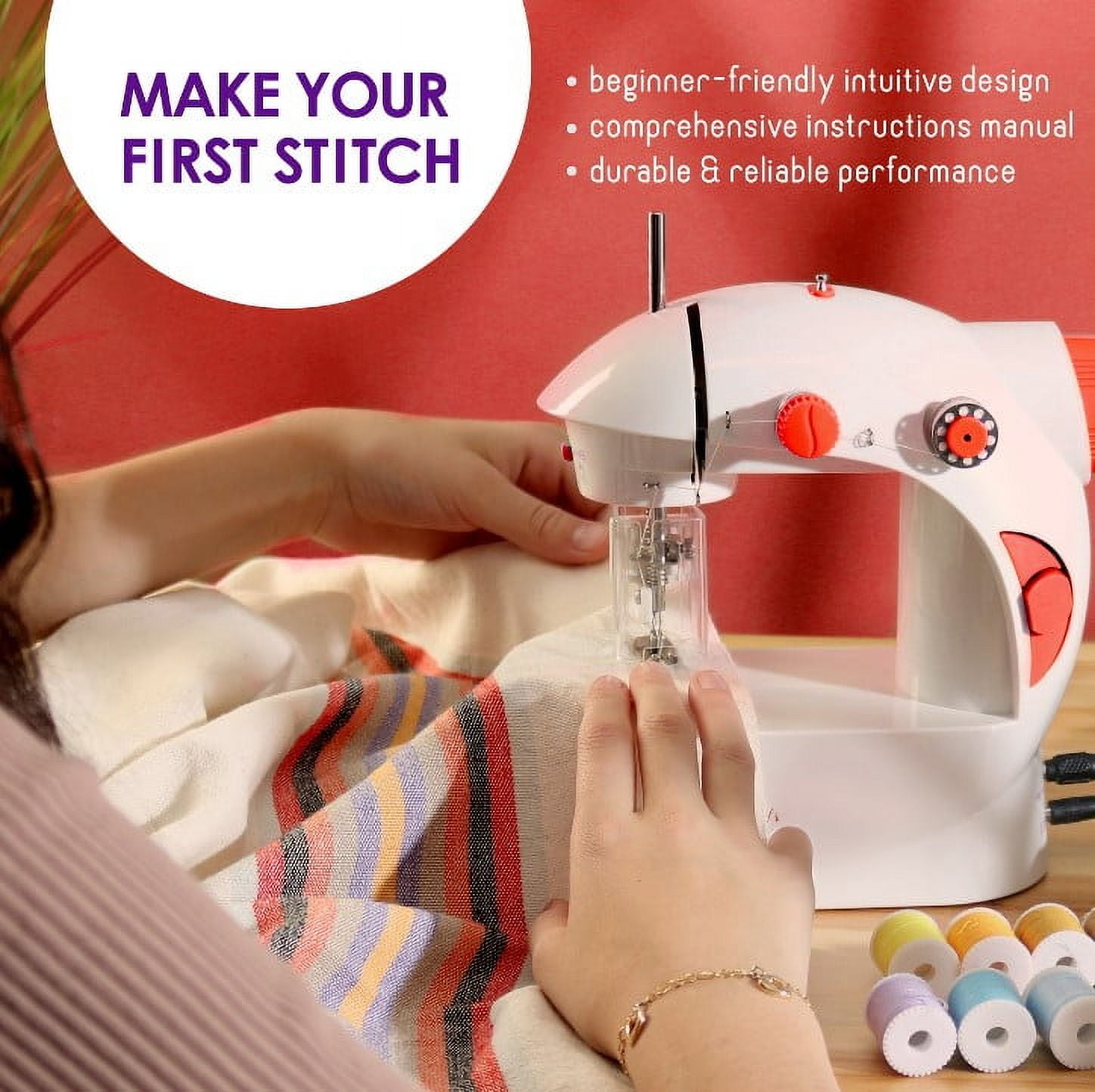 Virtu 48 PC Mini Portable Sewing Machine for Beginner Kids and Adults, Scarlet Red  (图2)