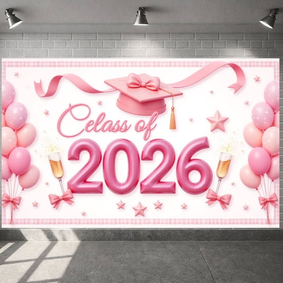 Pink Theme Graduation Banner Graduation Cap Design Class of 2026 Display Polka Dot Balloons Star Decorations Graduation Backdrop for Graduation Ceremony Class of 2026 Party Graduation Photo Shoot