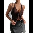 thumbnail image 3 of Top Corto con Lazo Frontal Y2k, Cuello Halter, Plisado y Fluido, para Salir de Verano, Camisa Sin Mangas con Abertura Marrón M, 3 of 10