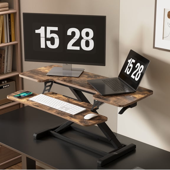 FitStand Home Office Height Adjustable Standing Desk Converter Special Walnut 42" U-Shape with Keyboard Tray
