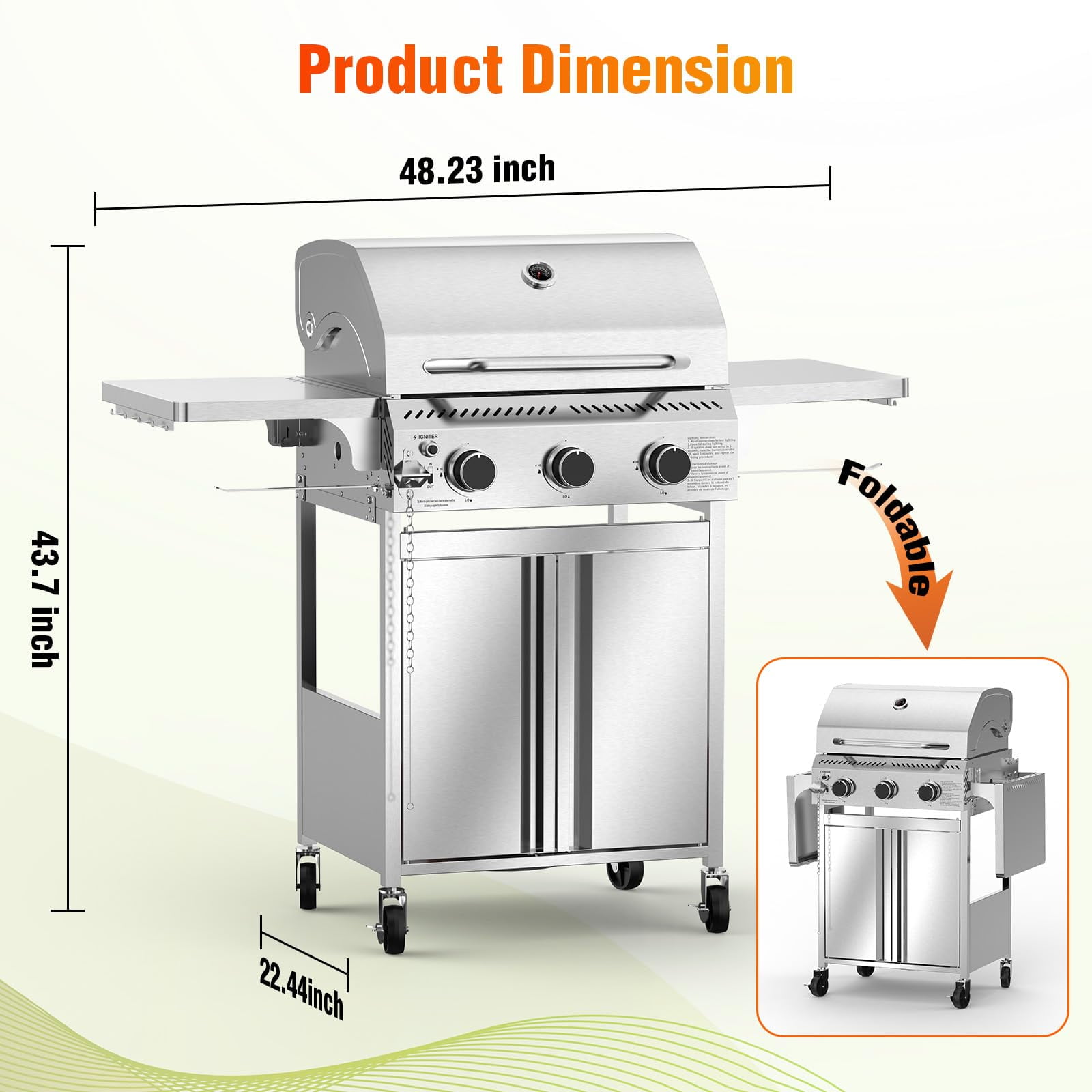 LHRIVER 3 Burner Propane Gas Grill with Side Table, 24000 BTU BBQ Grill for BBQ, Outdoor Cooking