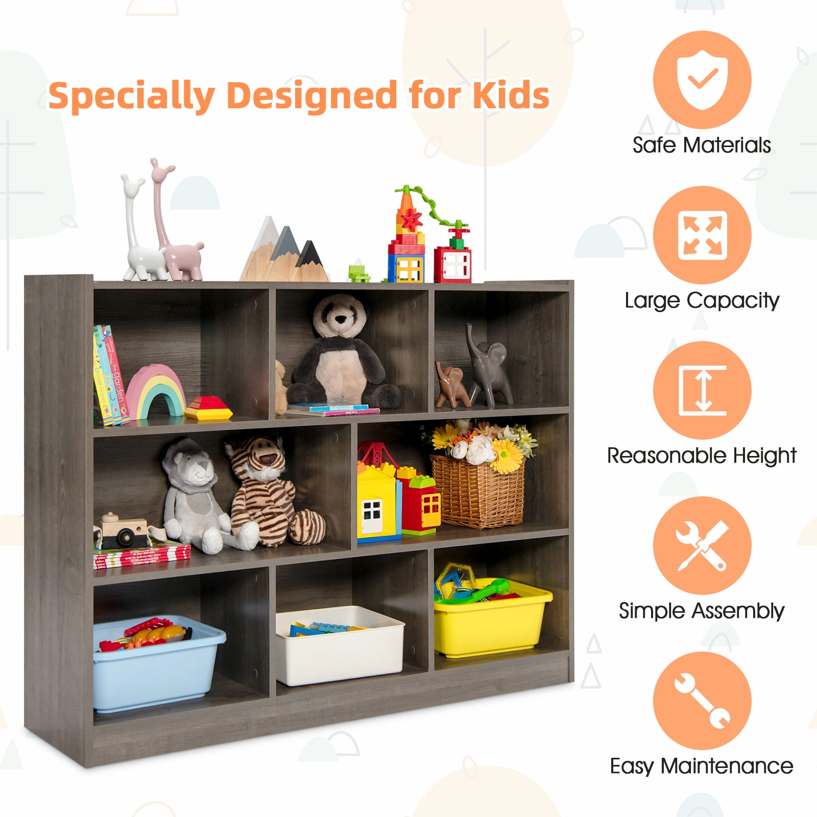 Topbuy Wood Storage Cube Bookcase 3 Tier 8 Cube Open Shelf Storage Cabinet with Anti-Toppling Devices Multipurpose Bookshelf Oak Grey