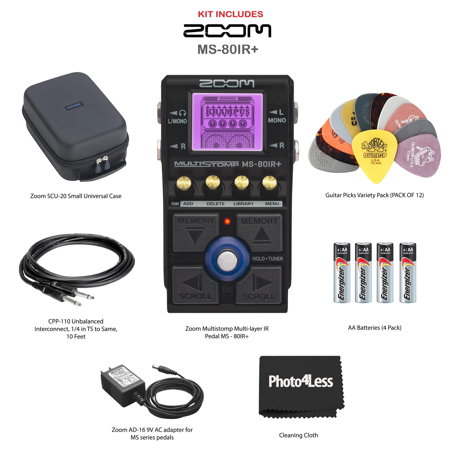 Zoom MS-80IR+ Multistomp Multi-layer IR Pedal, Bundle with Zoom Case, AC adapter, Guitar Picks, AA Batteries (4 Pack), 2X 1/4 in male cable
