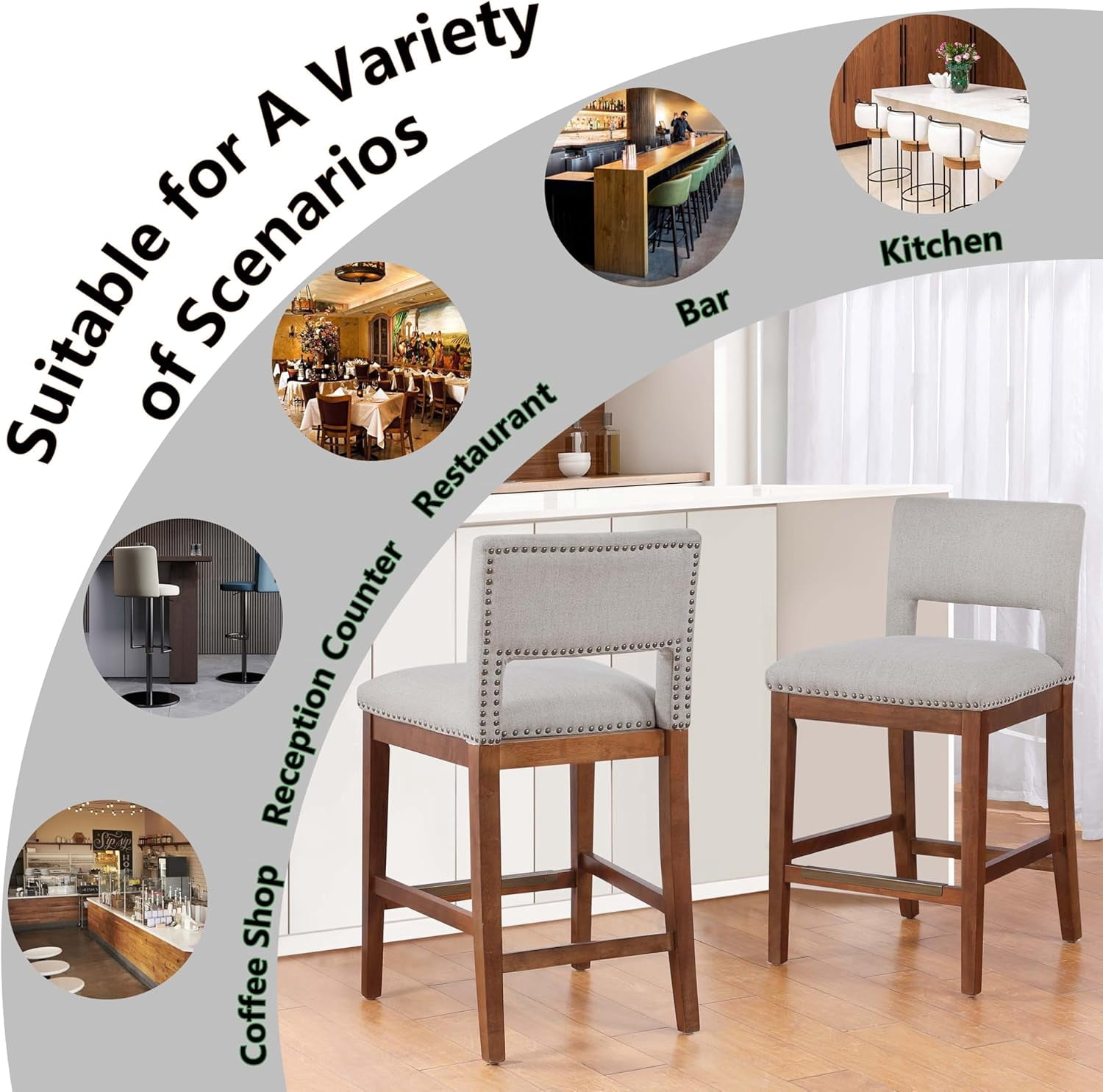 MOONMISS Linen Bar Stool with Open Back Set of 2,26" Seat Height Upholstered Wooden Counter Chair with Nailhead Trim for Kitchen