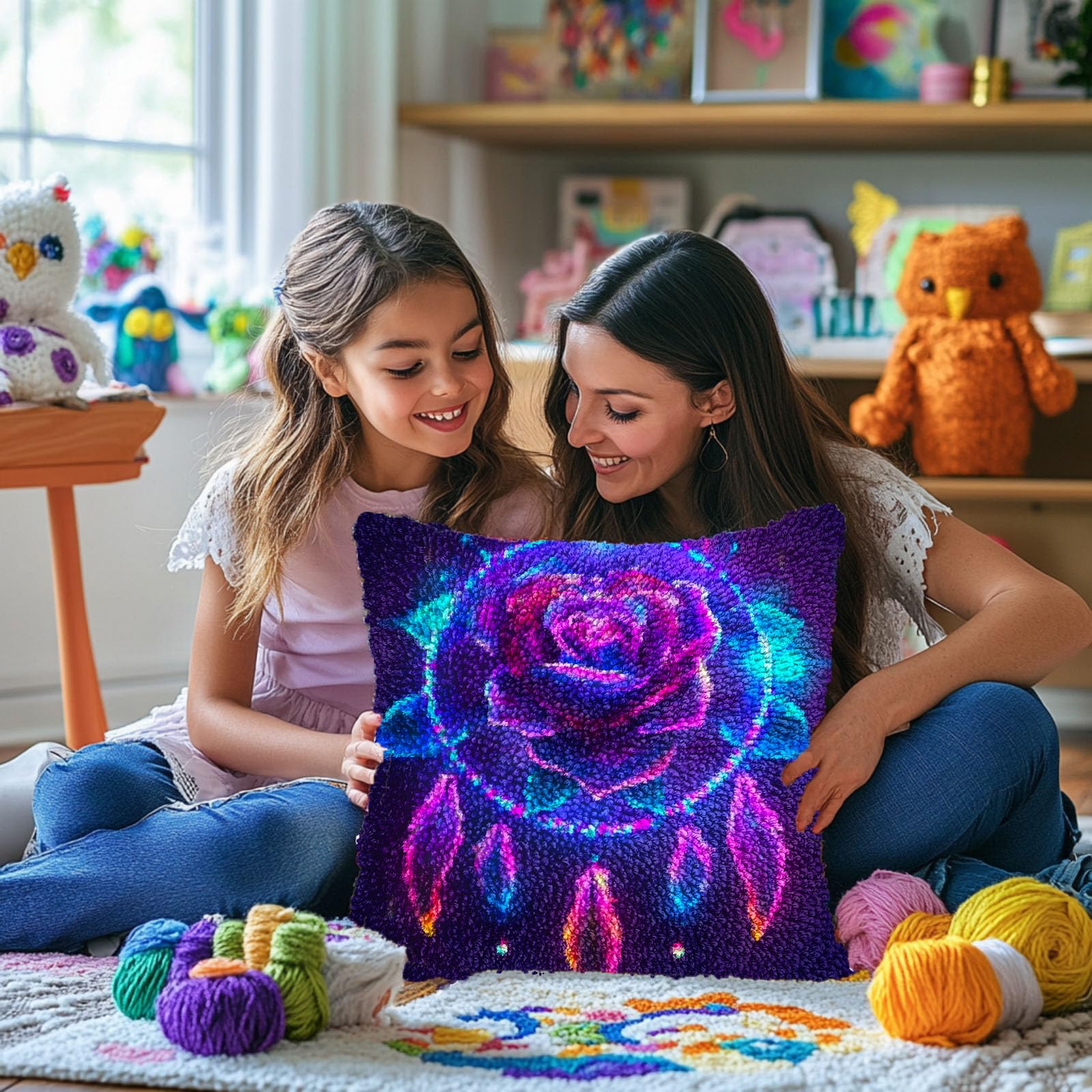 Luminescence Rose DIY Latch Hook Pillow Kits for Adults Printed Pillowcase Crochet Yarns Hooking Handmade Pillow Cover Cushion for Home Sofa Decoration 17x17inch(2)