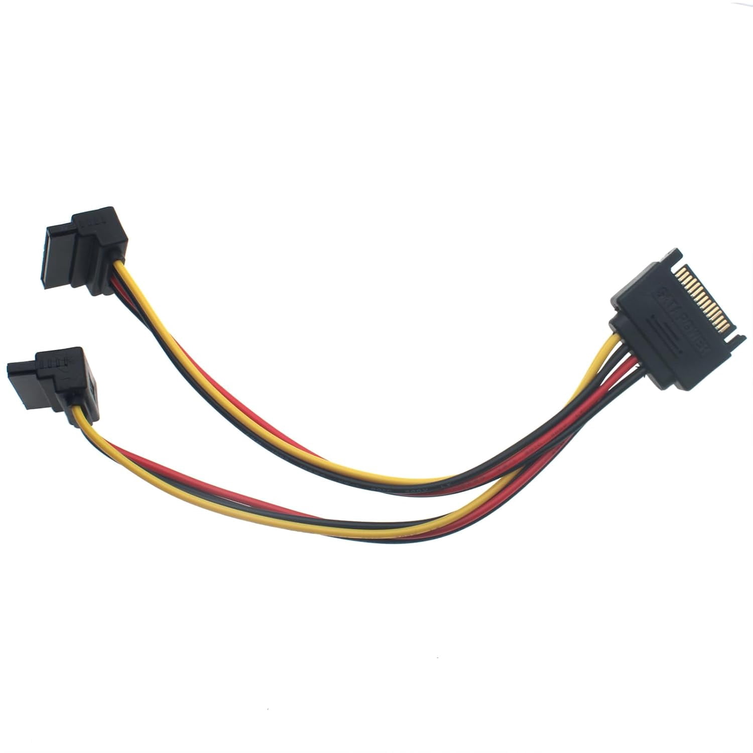 HRTGFD-20 CM 15 Pin Male to Dual Female SATA Down Angle Connectors Power Cable for Hard Disk, Optical Drive and HDD (2 PCS)