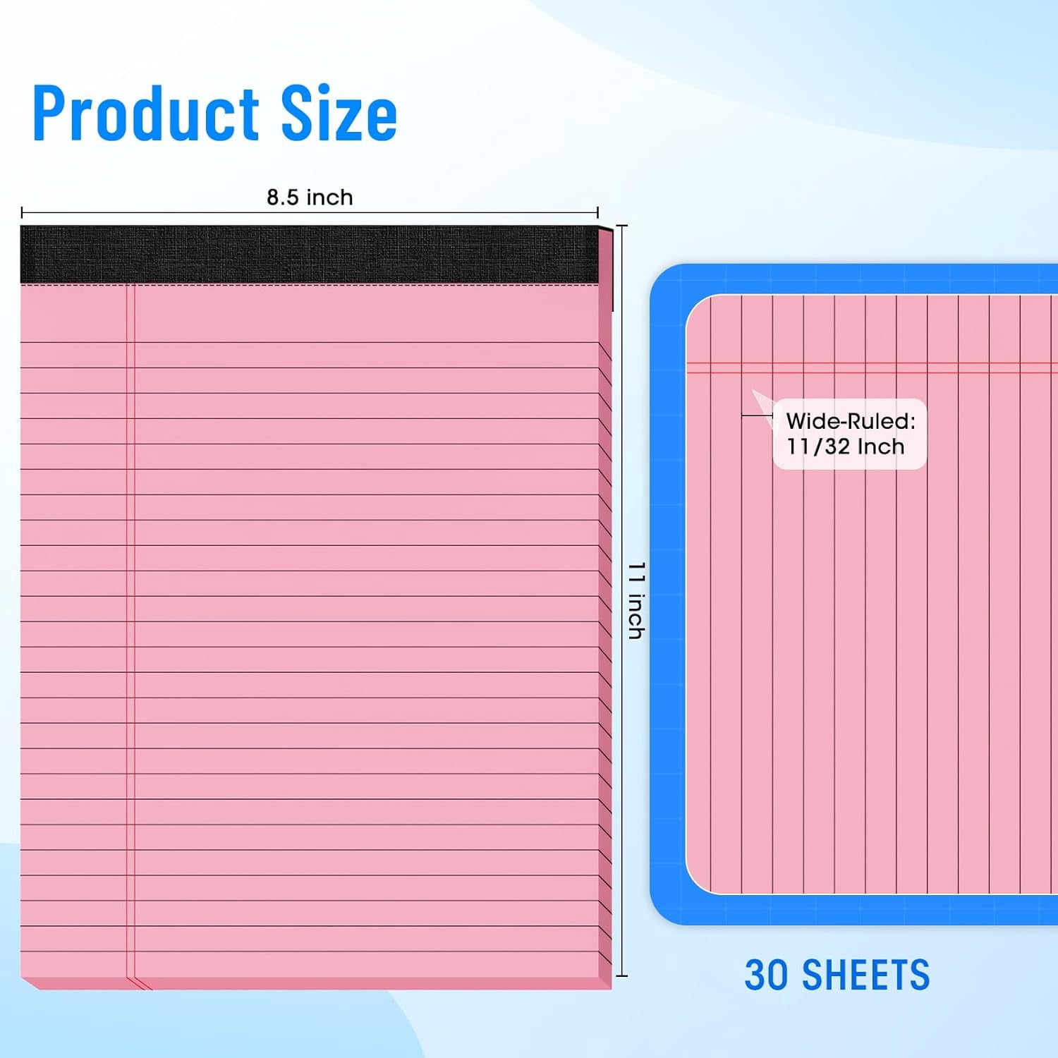 5pcs Legal Pads 8.5 x 11, Notepads 11 Inch,30 Sheets/Pack, Color Note Clear Print Writing of Paper, Memo , Perforate Paper Wide Ruled Lined with Sturdy Back