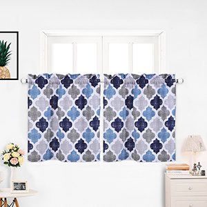 Volkmi 25CM 2Pcs Morocco Print Polyester Cotton Kitchen Tiers Room-Darkening Rod Pocket Small Window Curtain Set (Dark blue grey)