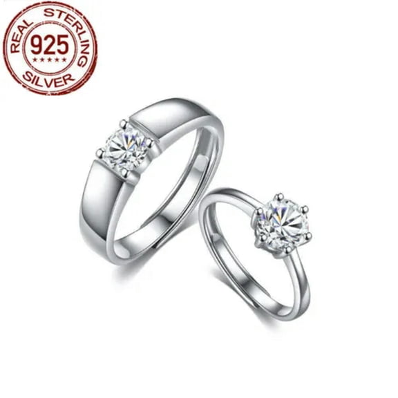 Adjustable Romantic 925 Silver CZ Wedding Band Couple Ring for Women Men Gift