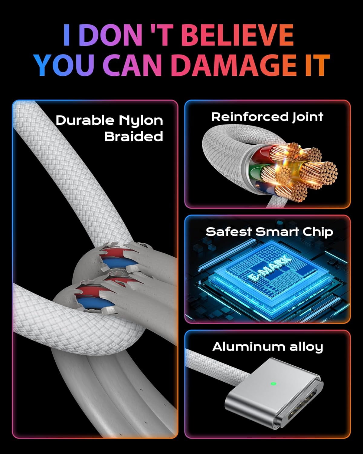 140W Type-C to Magsafe3 Charging Cable, Compatible with Mac Models Pro/Air (2021-2025 M1/M2/M3/M4), Detachable Laptop Power Cord, Nylon Braided Fast Charge(White 6.6FT/2M)