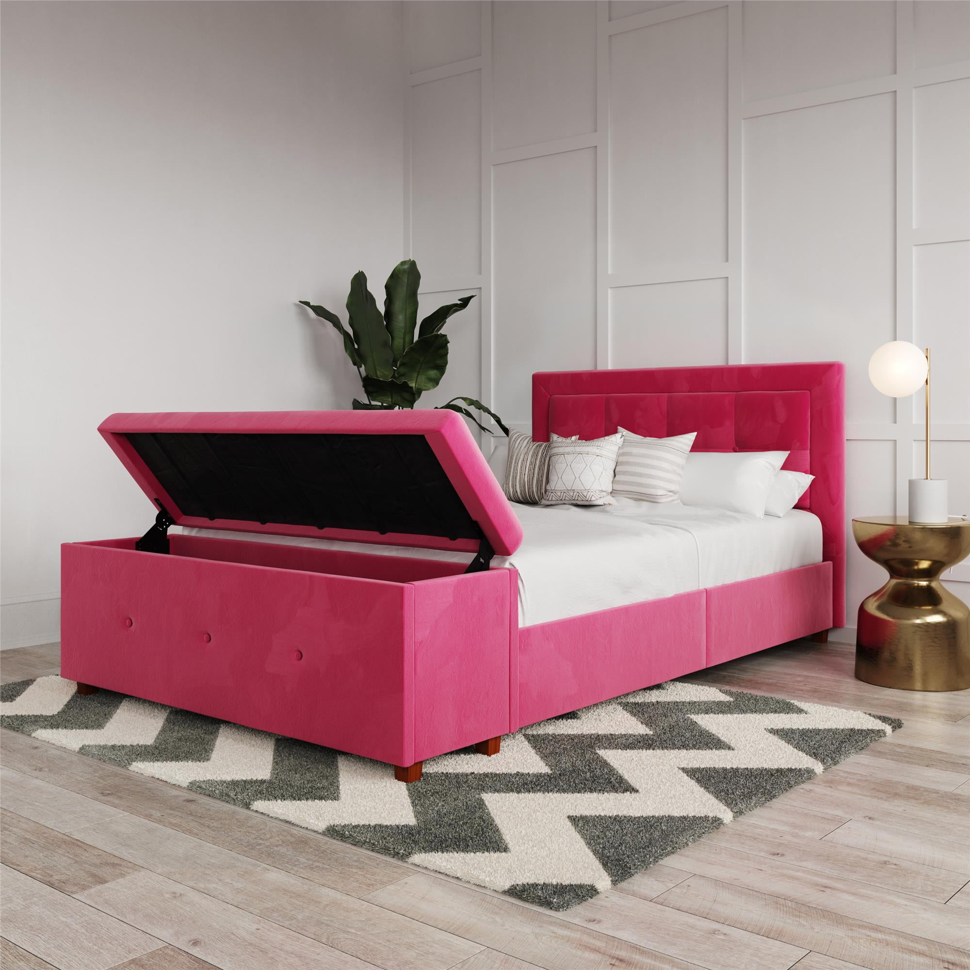 DHP Drew Upholstered Bed with Storage Chest, Full Size, Pink Velvet