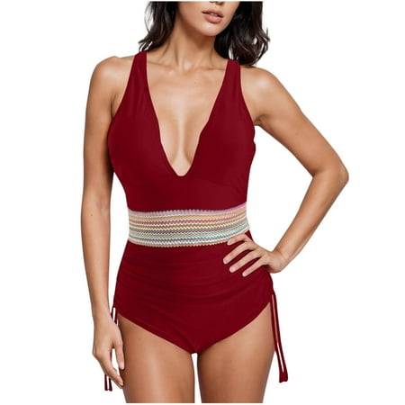Ayolanni Womens Swimsuits Tankini Modest Deep V-Neck Bodysuit Red Solid One-Piece Tween Swimwear XL