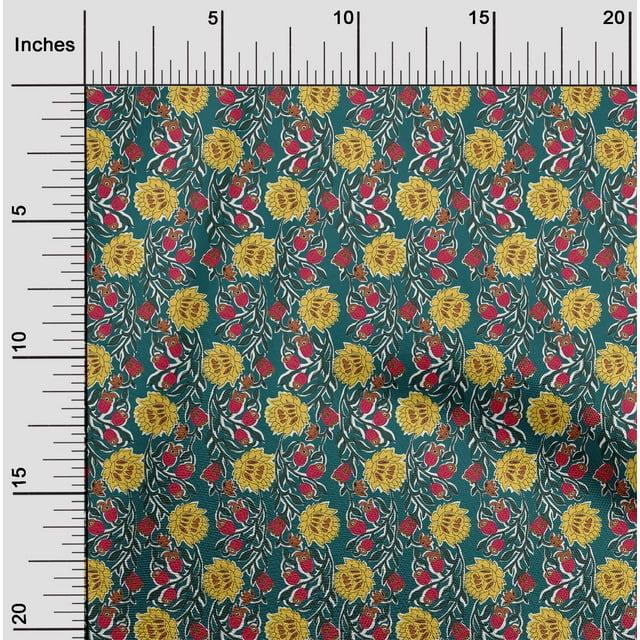 oneOone Georgette Viscose Fabric Leaves & Floral Block Printed Fabric 1 Yard 42 Inch Wide