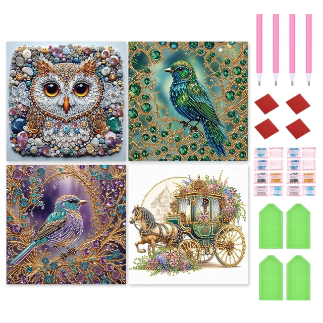 4 Uds 5D DIY Taladro Parcial Con Forma Especial Búho Pájaro Kit30x30cm
