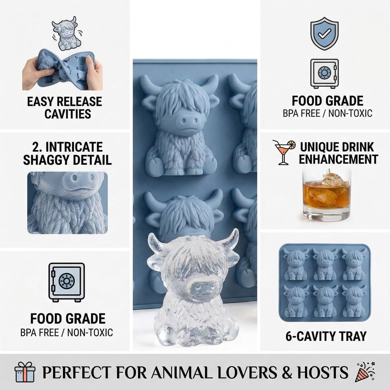 3D Highland Cow Ice Cube Mold Tray - Silicone Mini Cow Chocolate Cocoa Molds - Cute Animal Ice Cube Maker Accessories