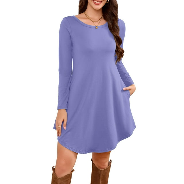 Robe T-Shirt à Poche, Robe Midi Ample à Manches Longues à Col Rond, Robe Facile pour Tous les Jours pour Femmes, Maternité, Voyage et Tenue de Fin de Semaine Violet Pâle 2TG