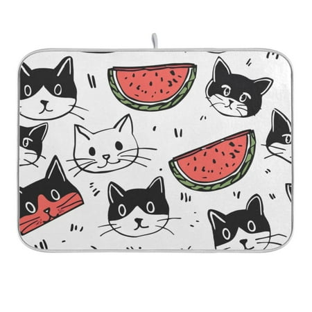 Cats and Watermelon Dish Drying Mat for Kitchen Counter 16x18 In Absorbent Microfiber Reversible Mats Dish Drainer Protector Rack Pad for Coffee Bar Table