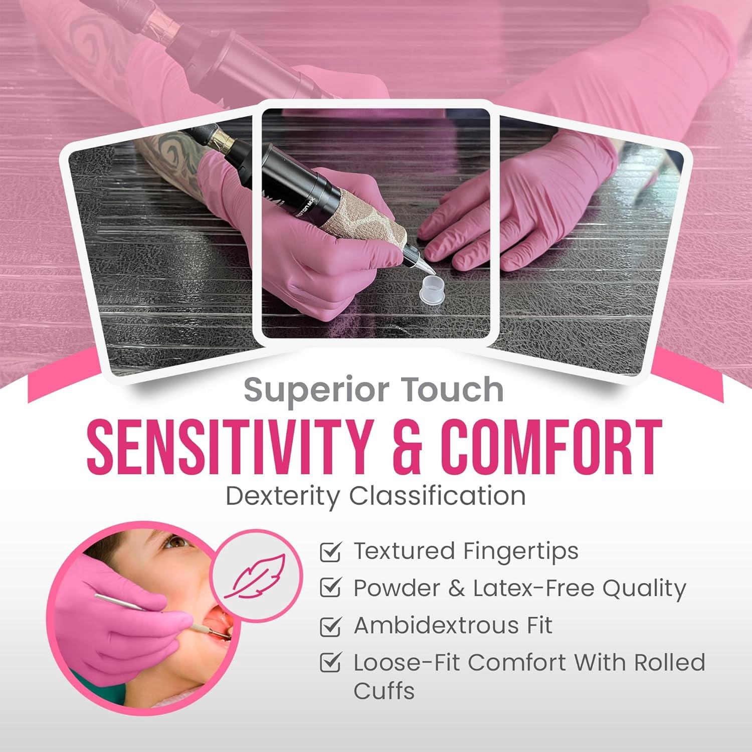 DASH Alasta Shimmer Nitrile Exam Grade Disposable Gloves, Pink, 3.9 mil, 100/Box, XSmall