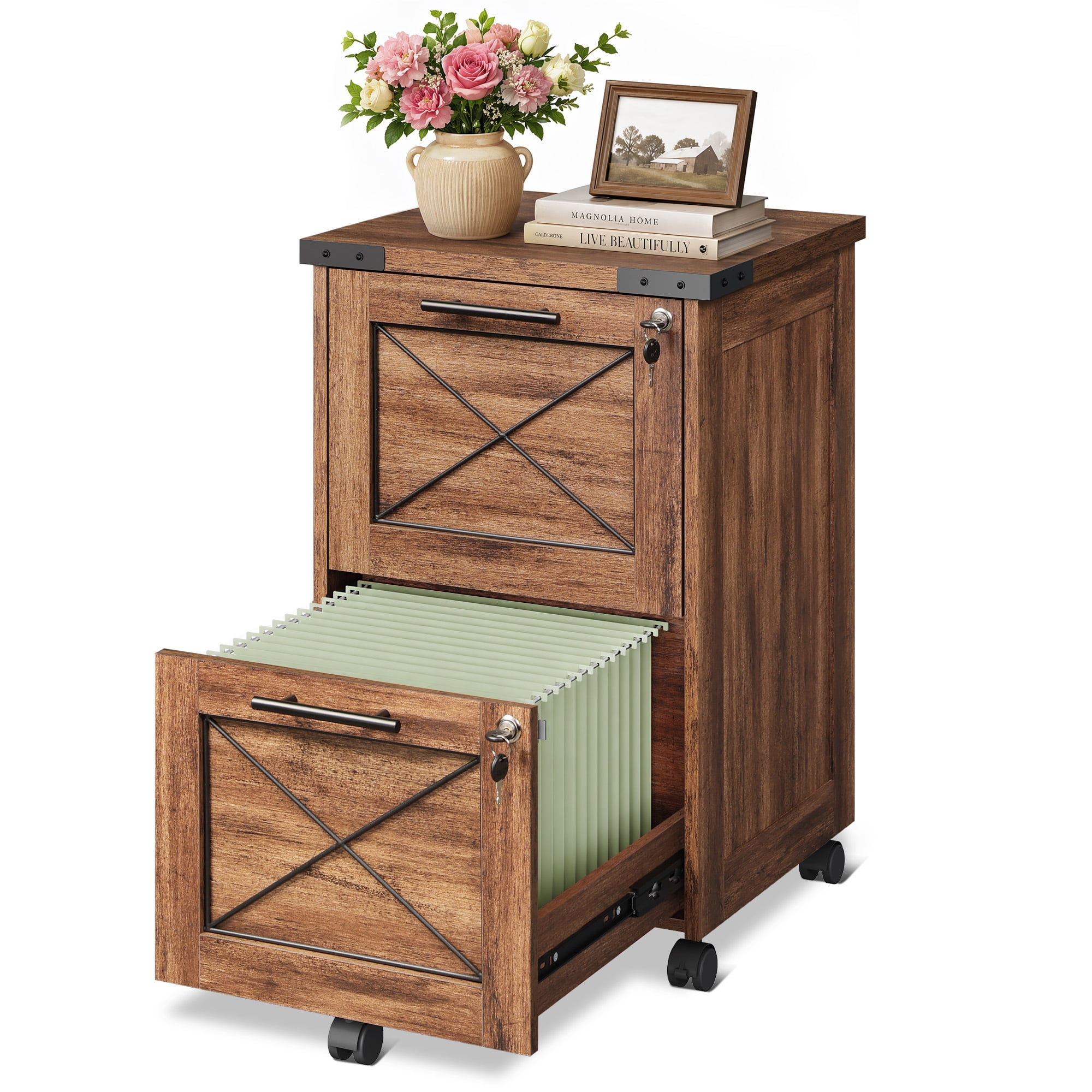 GALAXHERO 2 Drawer File Cabinet with Lock, Under Desk Filing Cabinets, Mobile Printer Stand for Home Office, Wood Storage Organizer Fit Letter/A4 Size, Oak