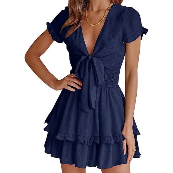 PRETTYGARDEN Women Summer Short Dress V Neck Short Sleeve Tiered Mini Sun Dresses Casual Beach Vacation Sundress
