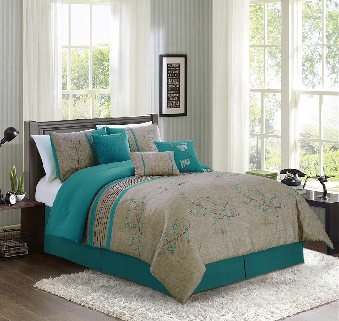Chezmoi Collection Noriko 7-Piece Luxury Teal Cherry Blossoms Floral ...