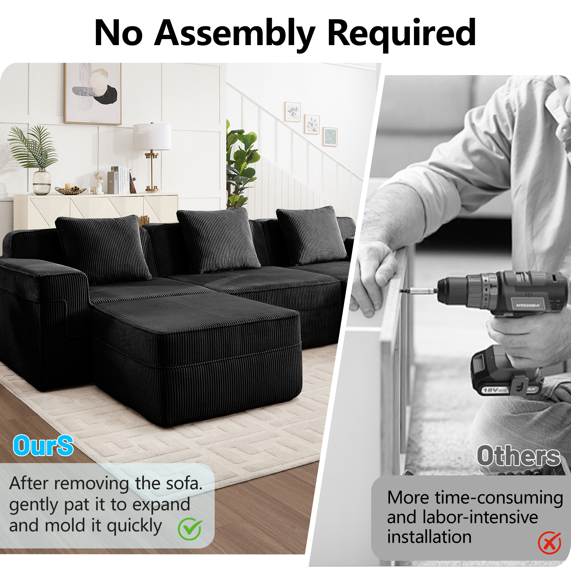 Modular 2 Seat L Shape Sectional Boneless Sofa, Cloud Sectional Couch with Deep Seat, Modern Modular 2-Seat Sofa Couch with Throw Pillows and 1 Movable Ottoman, Corduroy Fabric Black