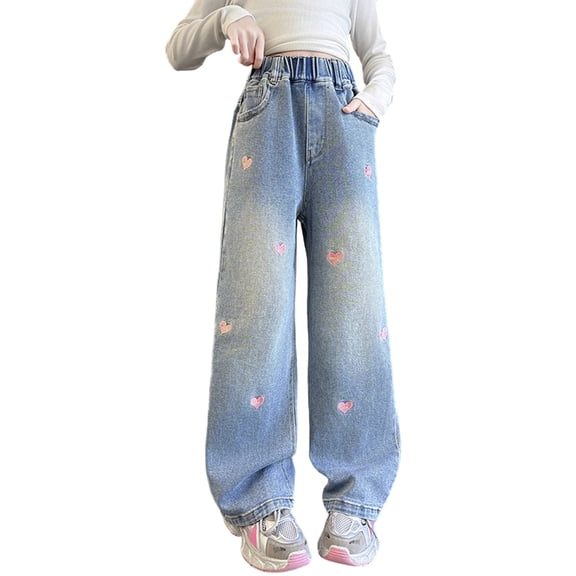 WAYUTE Girls Denim Pants with Heart Embroidery Fashion Straight Leg Trousers for Toddler and Kids Casual Wide Leg Comfort Soft Bottoms