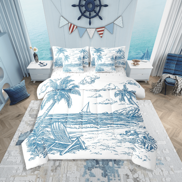 Erosebridal Palm Tree Bed in a Bag Full size,Ocean Beach Bed Set,Botanical Decoration,Reversible,7pcs