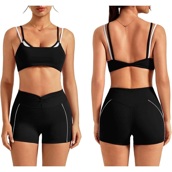 PISONIC Workout Sets for Women 2 Piece Twist Back Layered Sports Bra Mini Shorts Yoga Pilates Outfits Active Wear