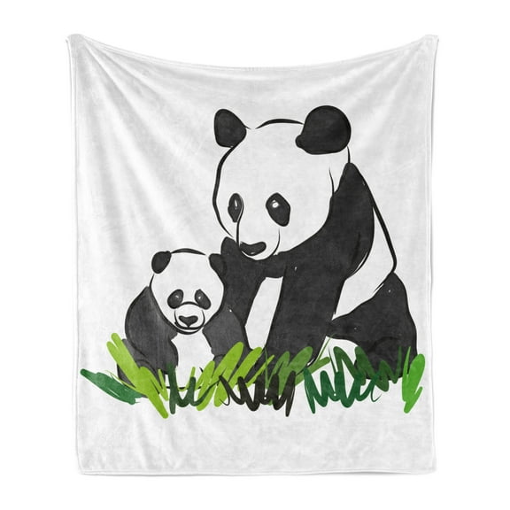 Funny Bear Soft Flannel Fleece Throw Blanket, Panda Family on Grass Bambu Lovers Print, Cozy Plush for Indoor and Outdoor Use, 70" x 90", Dark Grey White, by Ambesonne