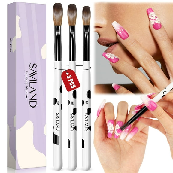 Saviland 3PCS Acrylic Nail Brushes Set - Nail Art Brushes for Acrylic Powder Application Nail Extension(Size 8/10/14 )