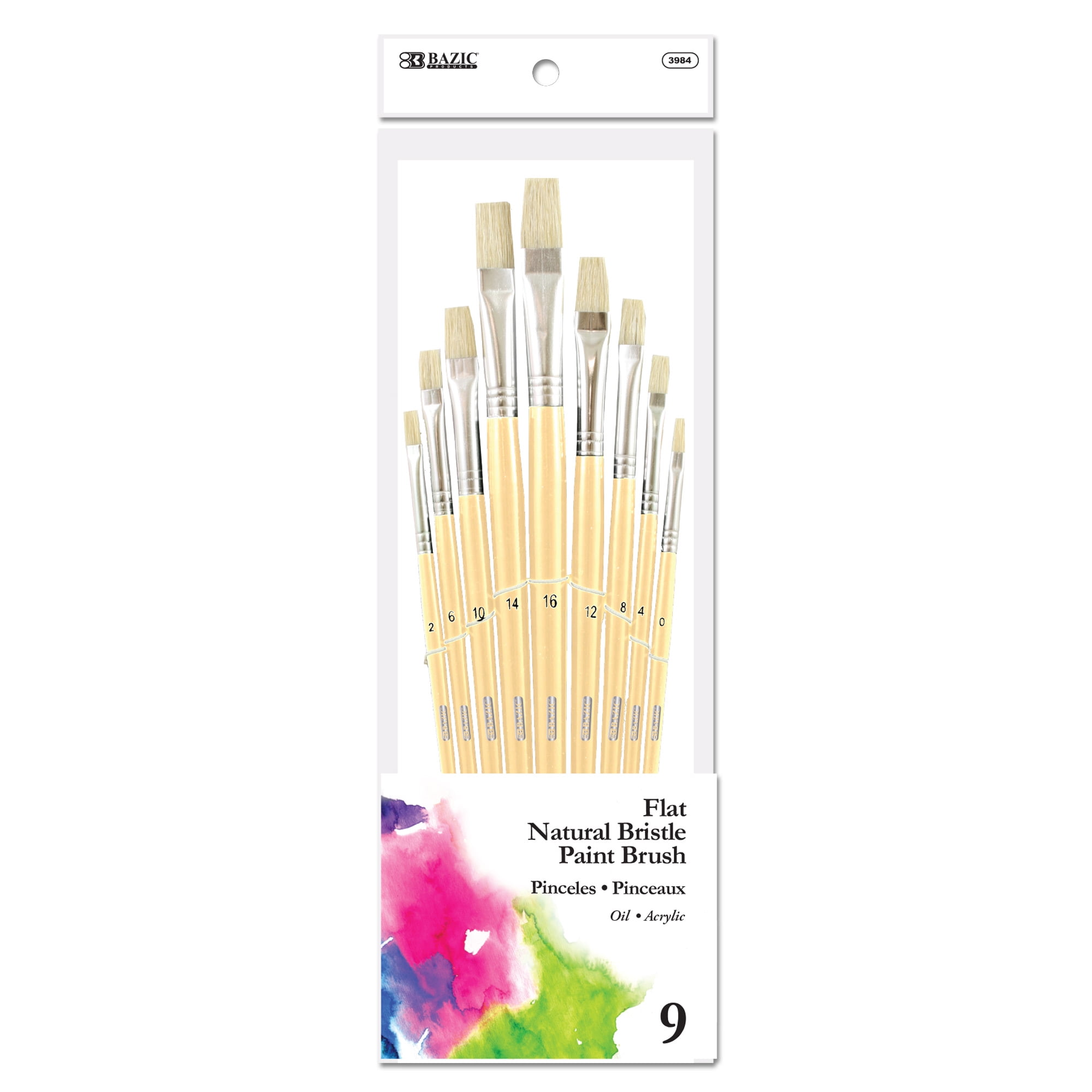 BAZIC Flat Natural Bristle Paint Brush Set, (9/pack), 1Pack