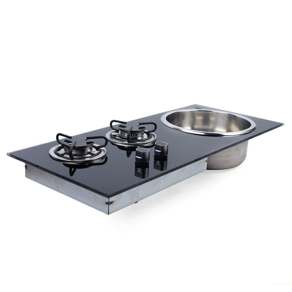 WUZSTAR 2 Burners Gas Camping Stove Hob Sink Combo for Boat Caravan RV Camper , Easy to Clean