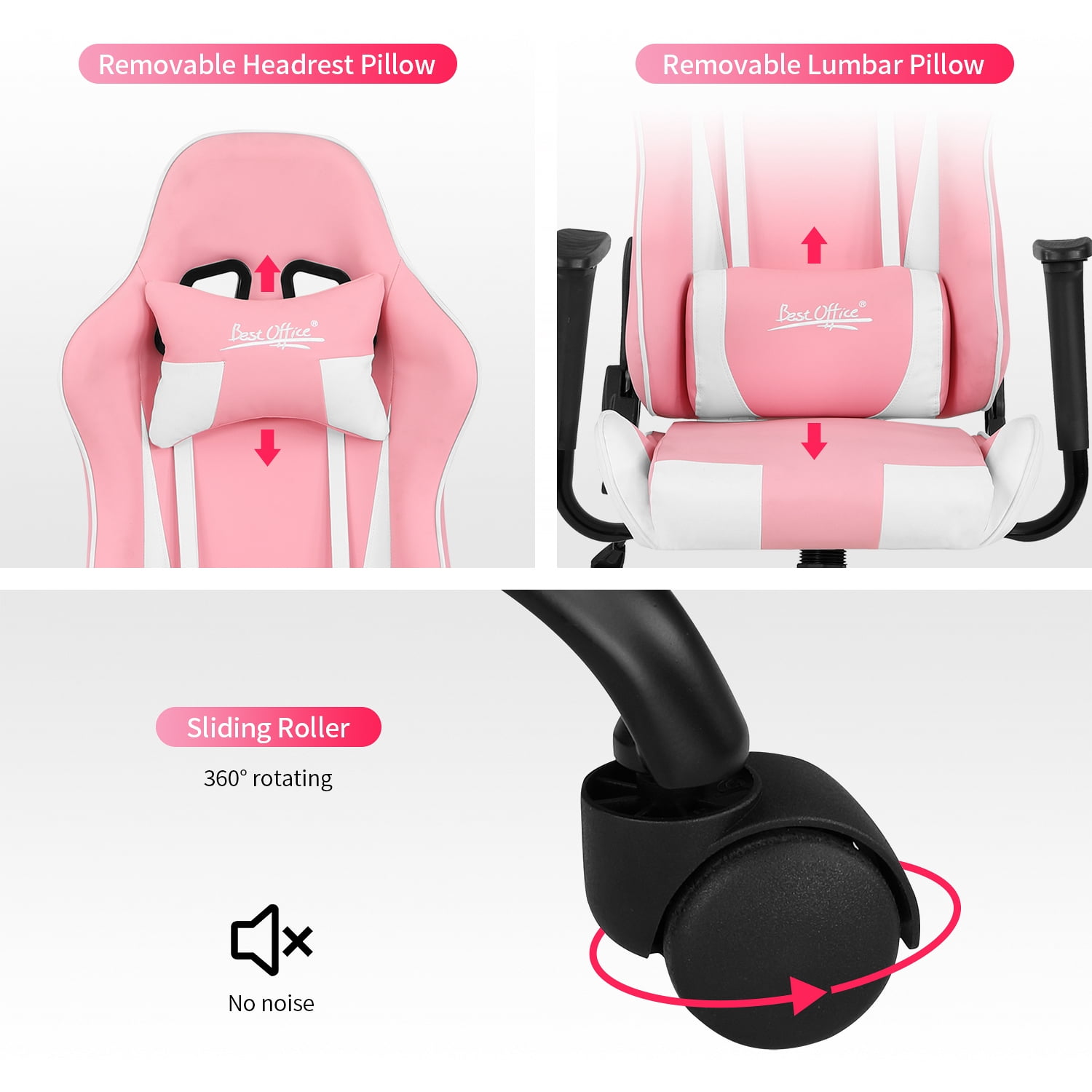 BestOffice Ergonomic Gaming Chair, Lumbar Support, Rolling Swivel for Women(Pink)