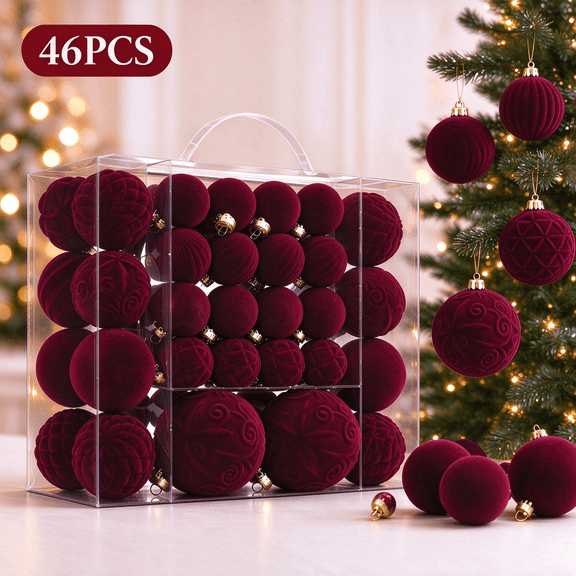 46PCS Velvet Christmas Ball Ornaments - Flocked Christmas Tree Decorations Set Assorted Shatterproof Hanging Ornaments with Loop for Xmas Holiday Home Decor