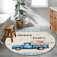 thumbnail image 4 of Round Area Rug 3ft, Happy Easter Blue Truck Bunny Eggs Non-Shedding Washable Area Rug, Floral Butterfly on Grid and Flax Non Slip Low-Profile Circle Rugs for Living Room, Bedroom Dining Room, 4 of 9