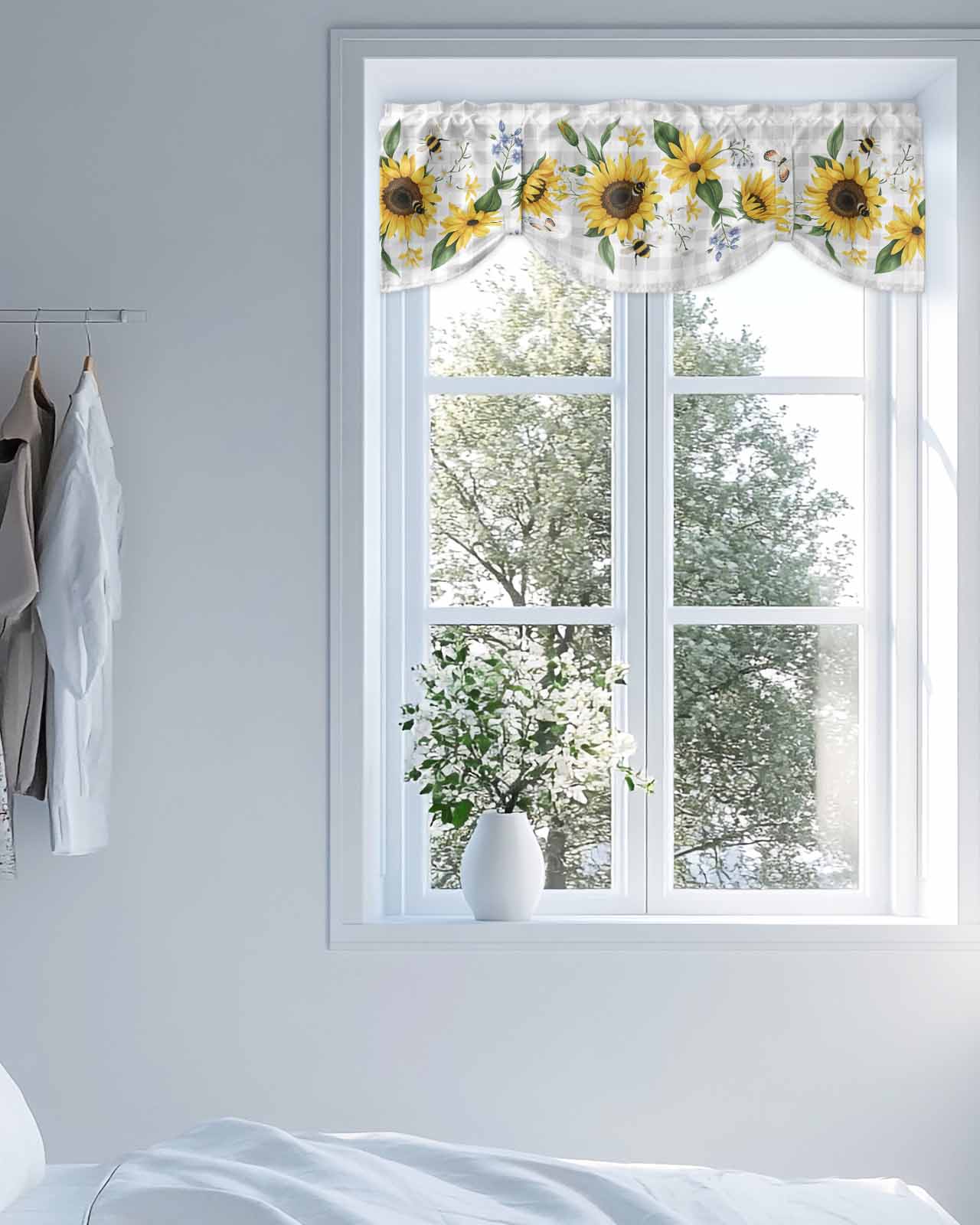 Sunflower Tie Up Valances Curtain, Adjustable Kitchen Butterfly Bee Valances for Windows Decor, Rod Pocket Short Curtains Set for Bedroom/Bathroom, 60"x18"