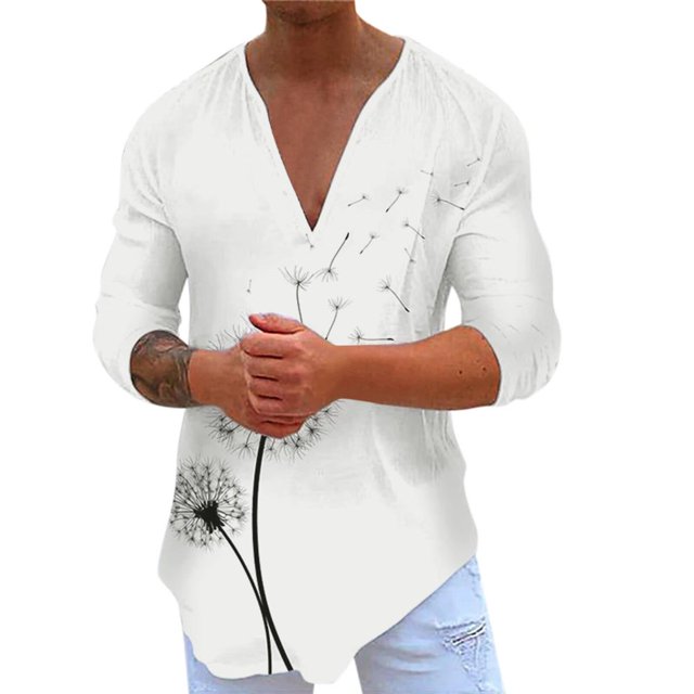 POINTERTECK T-Shirt à Col à Revers pour Hommes, Mode Décontractée, Simple, en Coton et Lin, à Petits Motifs, Chemise à Manches Longues