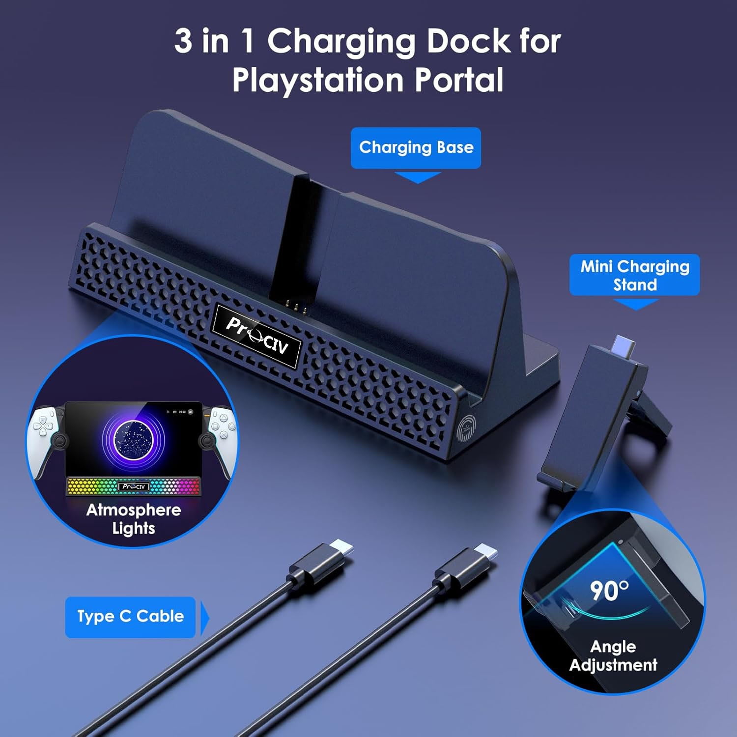 Charging Dock for PlayStation Portal, 3 in 1 Charging Stand for PS5 Portal with 14 RGB Light and 4.9ft USB C Charging Cable, Portable Charger Accessories for PlayStation Portal Remote Player(Black)