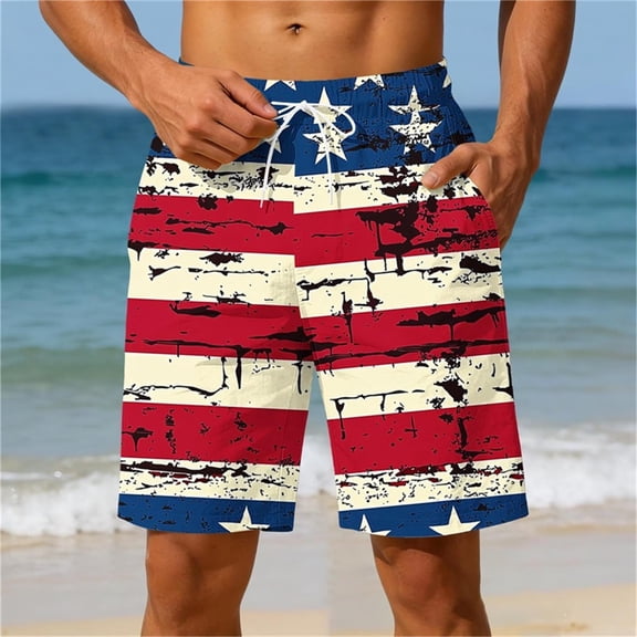 Gamivast Swim Trunks for Men Elastic Waist Drawstring American Flag Graphic Shorts with Pockets Quick Dry Beach Shorts Loose Fit Mid Thigh Swim Shorts Summer Vacation Wear